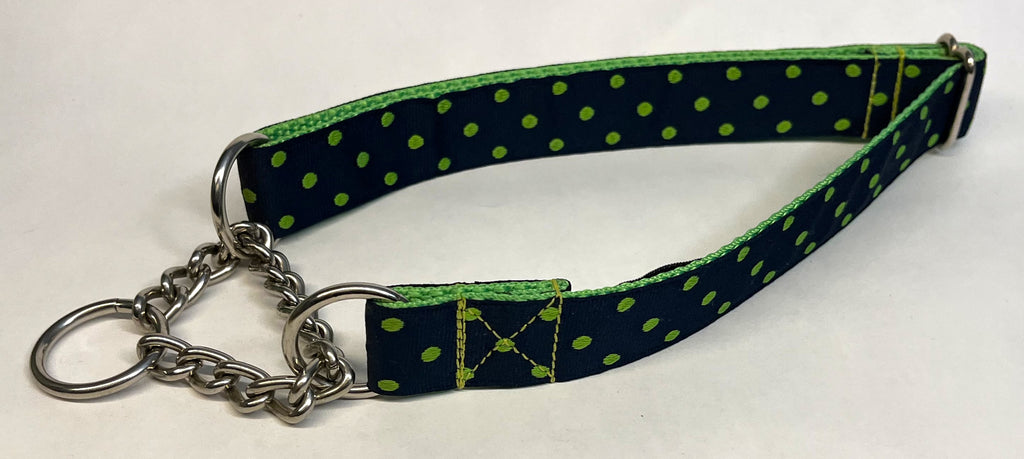 Navy with Lime Green Polka Dots Chain Martingale Collar 1in