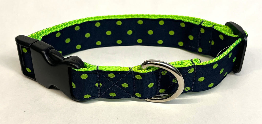 Navy with Lime Green Polka Dots Dog Collar 1in