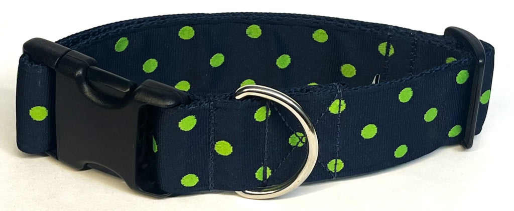 Navy with Lime Green Polka Dots Dog Collar 1 1/2 in
