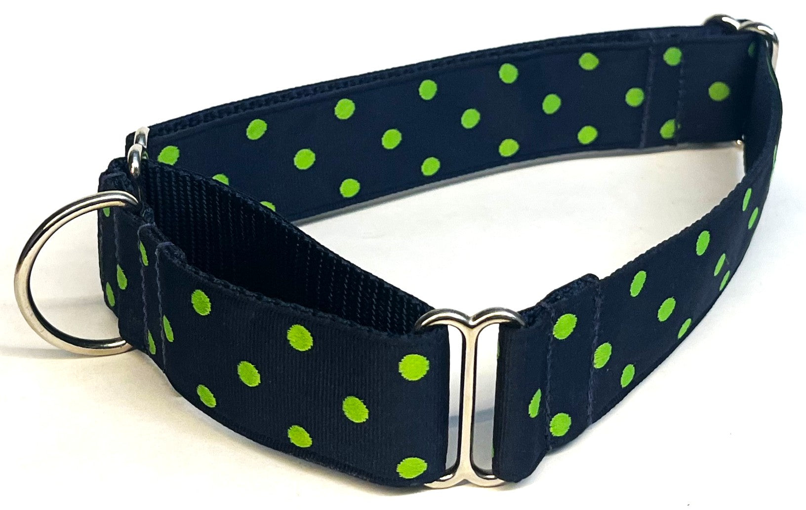 Navy with Lime Green Polka Dots Martingale Collar 1 1/2 in