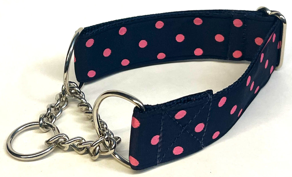 Navy with Pink Polka Dots Chain Martingale Collar 1 1/2 in