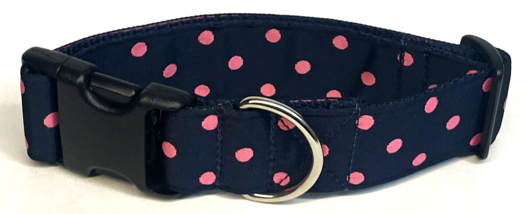 Navy with Pink Polka Dots Dog Collar 1 1/2 in