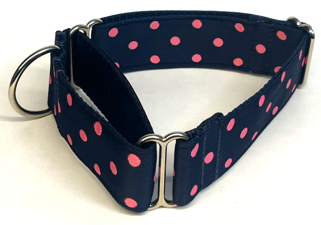 Navy with Pink Polka Dots Martingale Collar 1 1/2 in