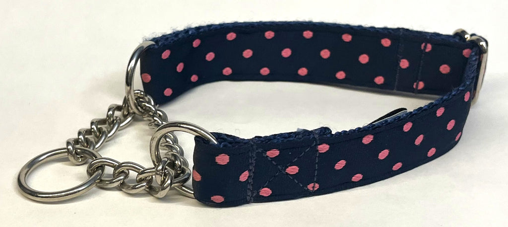 Navy with Pink Polka Dots Chain Martingale Collar 1in