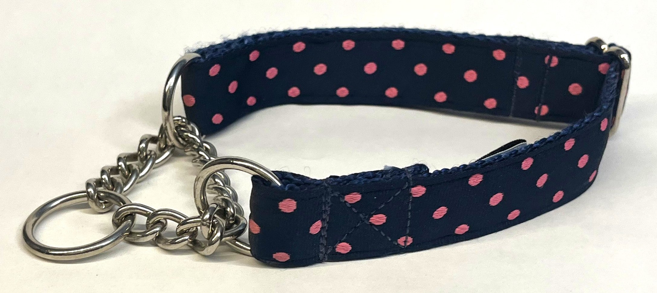 Navy with Pink Polka Dots Chain Martingale Collar 1in