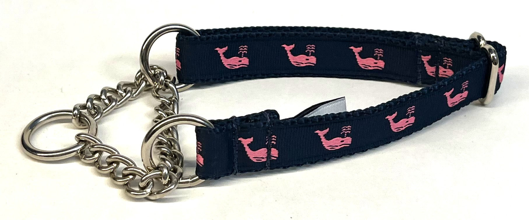 Navy with Pink Whales Chain Martingale Collar 3/4