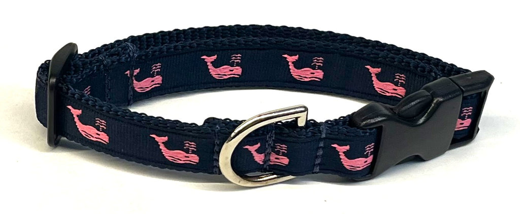 Navy with Pink Whales Dog Collar 3/4