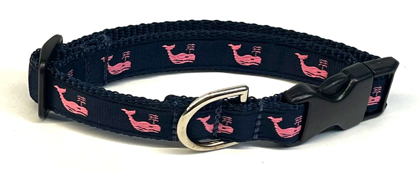 Navy with Pink Whales Dog Collar 3/4