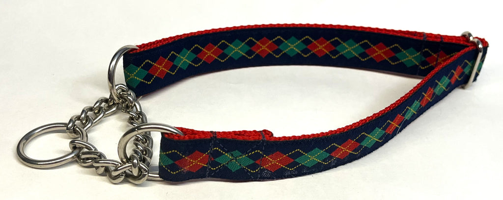 Navy with Red Green and Yellow Argyle Chain Martingale Collar 1in
