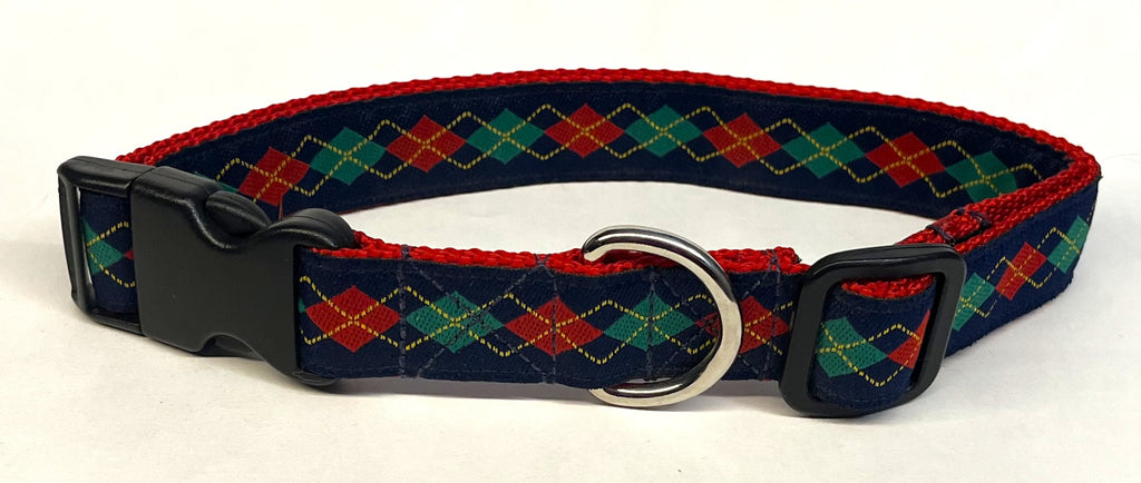 Navy with Red Green and Yellow Argyle Dog Collar 1in