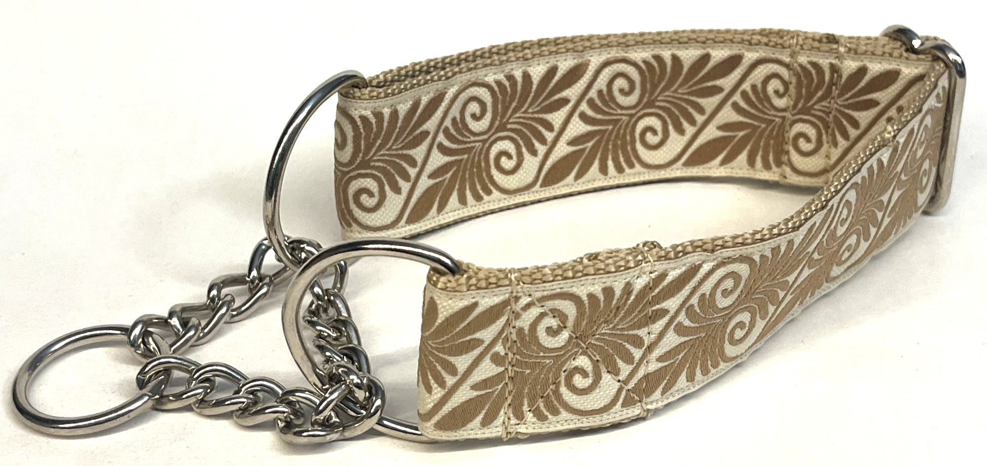 Off White with Tan Fern Design Chain Martingale Collar 1 1/2 in