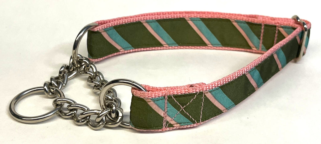Olive, Light Pink, Light Blue Diagonal Stripe Chain Martingale Collar 1in