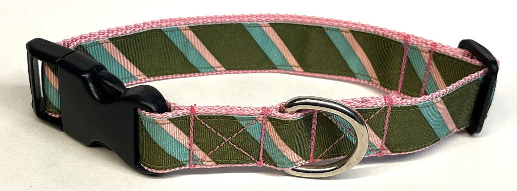 Olive, Light Pink, Light Blue Diagonal Stripe Dog Collar 1in