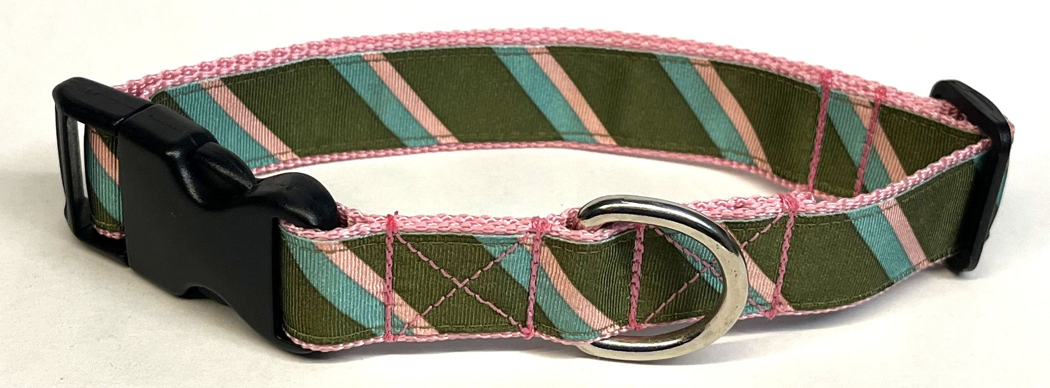 Olive, Light Pink, Light Blue Diagonal Stripe Dog Collar 1in