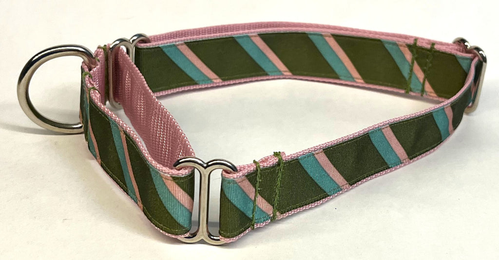 Olive, Light Pink, Light Blue Diagonal Stripe Martingale Collar 1in