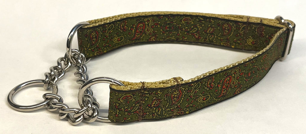 Olive, Tan, Red Paisley Design Chain Martingale Collar 1in