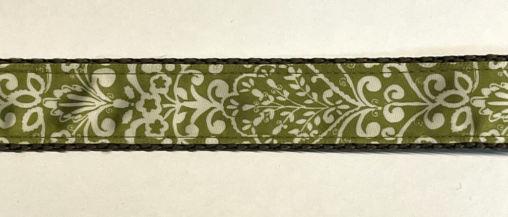 Olive with White Leaf Pattern Dog Collar 1in
