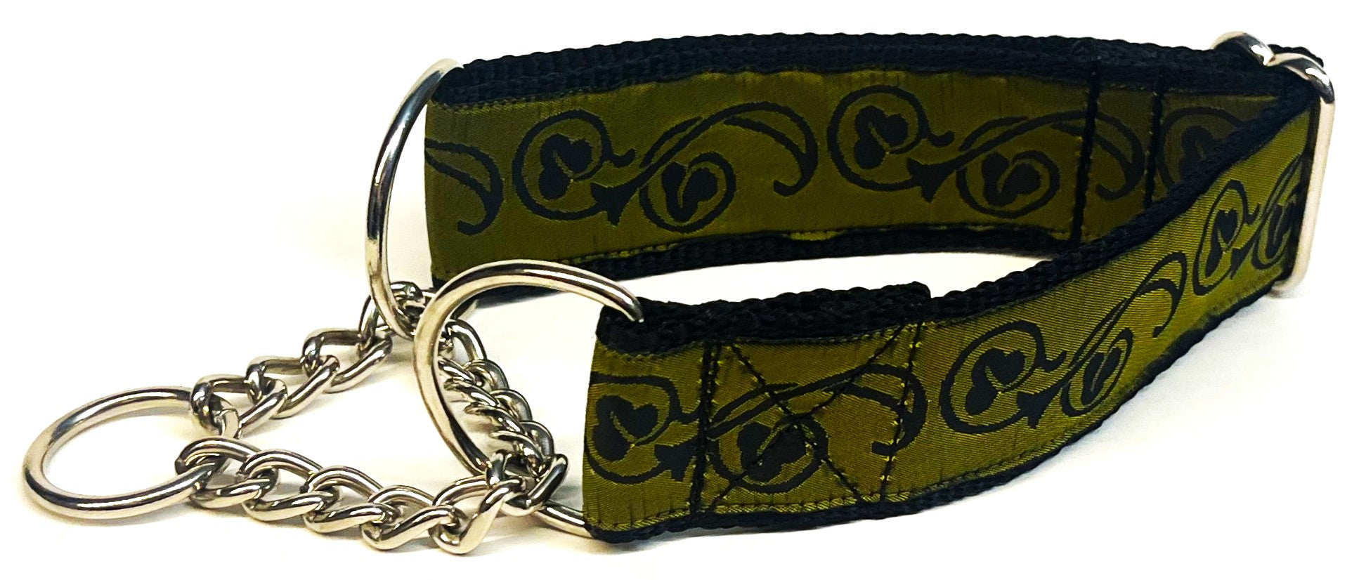 Olive with Black Floral Flourish Chain Martingale Collar 1 1/2 in