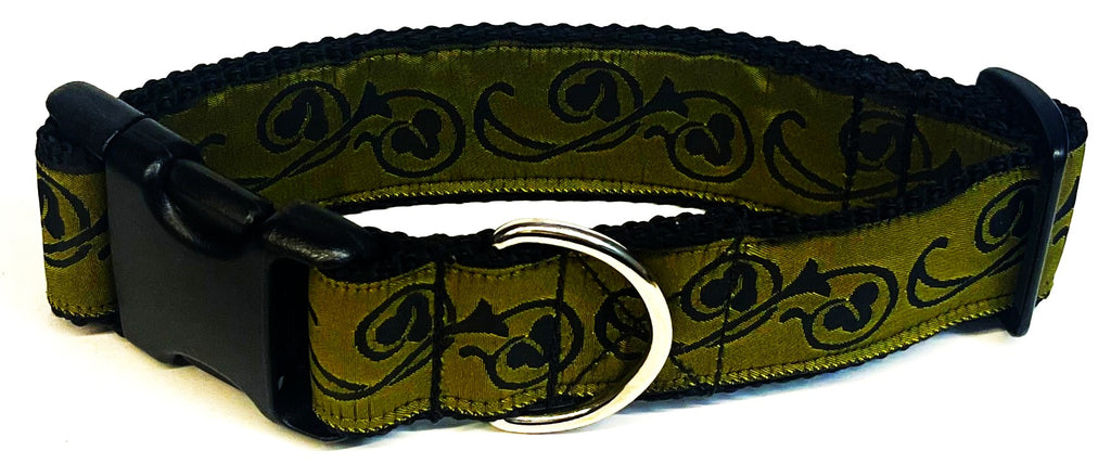 Olive with Black Floral Flourish Dog Collar 1 1/2 in