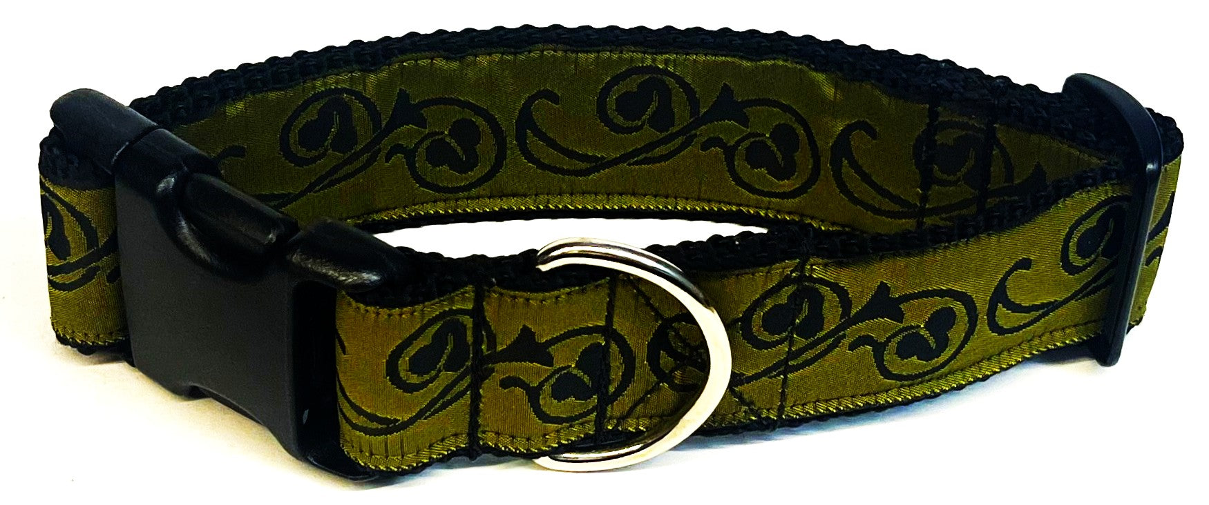 Olive with Black Floral Flourish Dog Collar 1 1/2 in