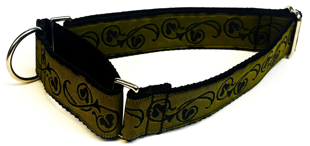 Olive with Black Floral Flourish Martingale Collar 1 1/2 in