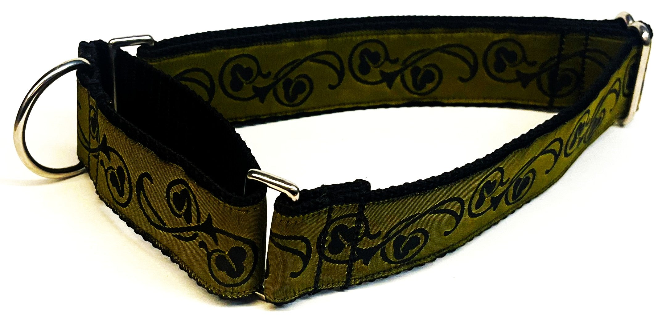 Olive with Black Floral Flourish Martingale Collar 1 1/2 in