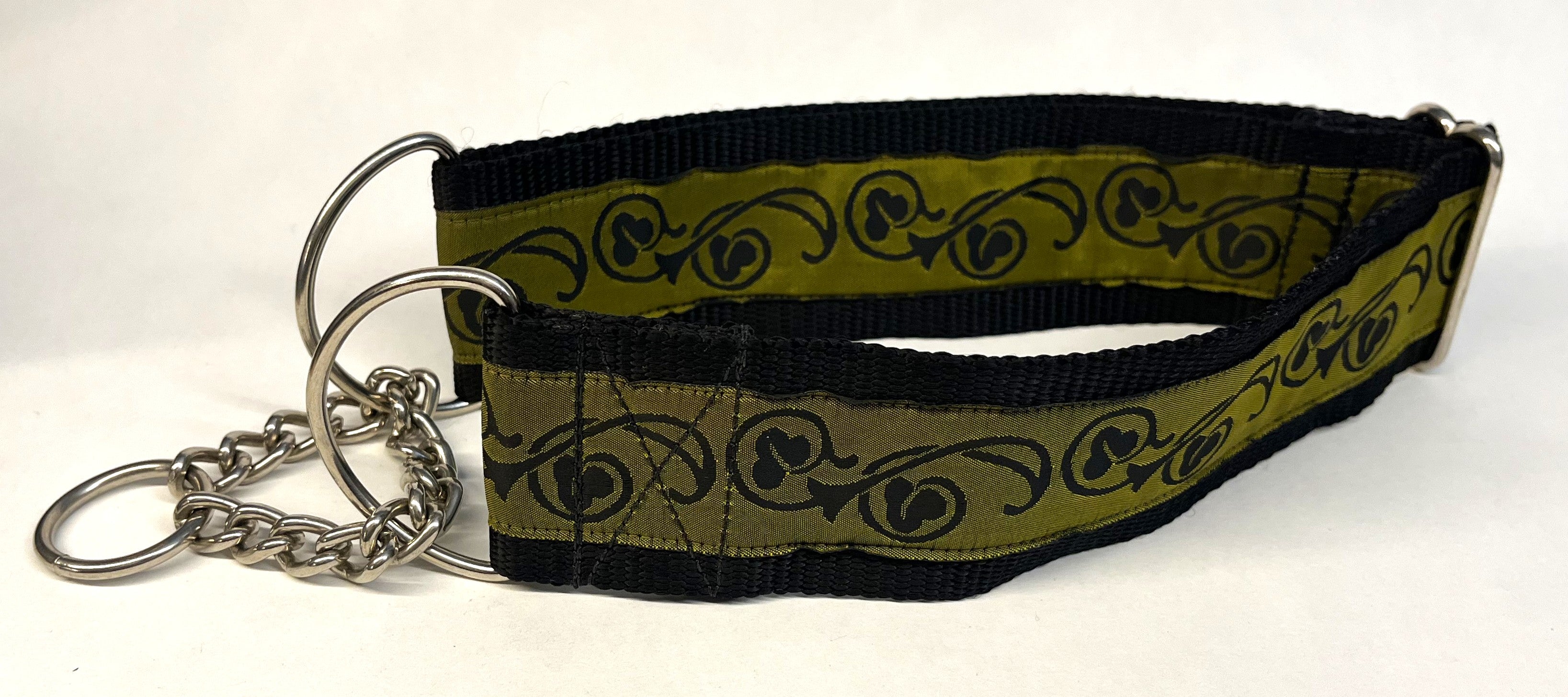Olive with Black Floral Flourish Chain Martingale Collar 2in