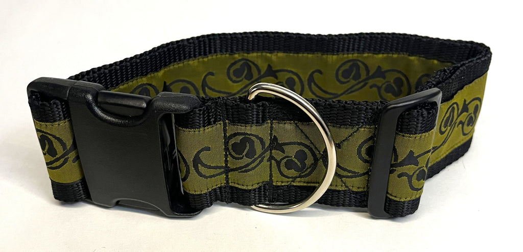 Olive with Black Floral Flourish Dog Collar 2in