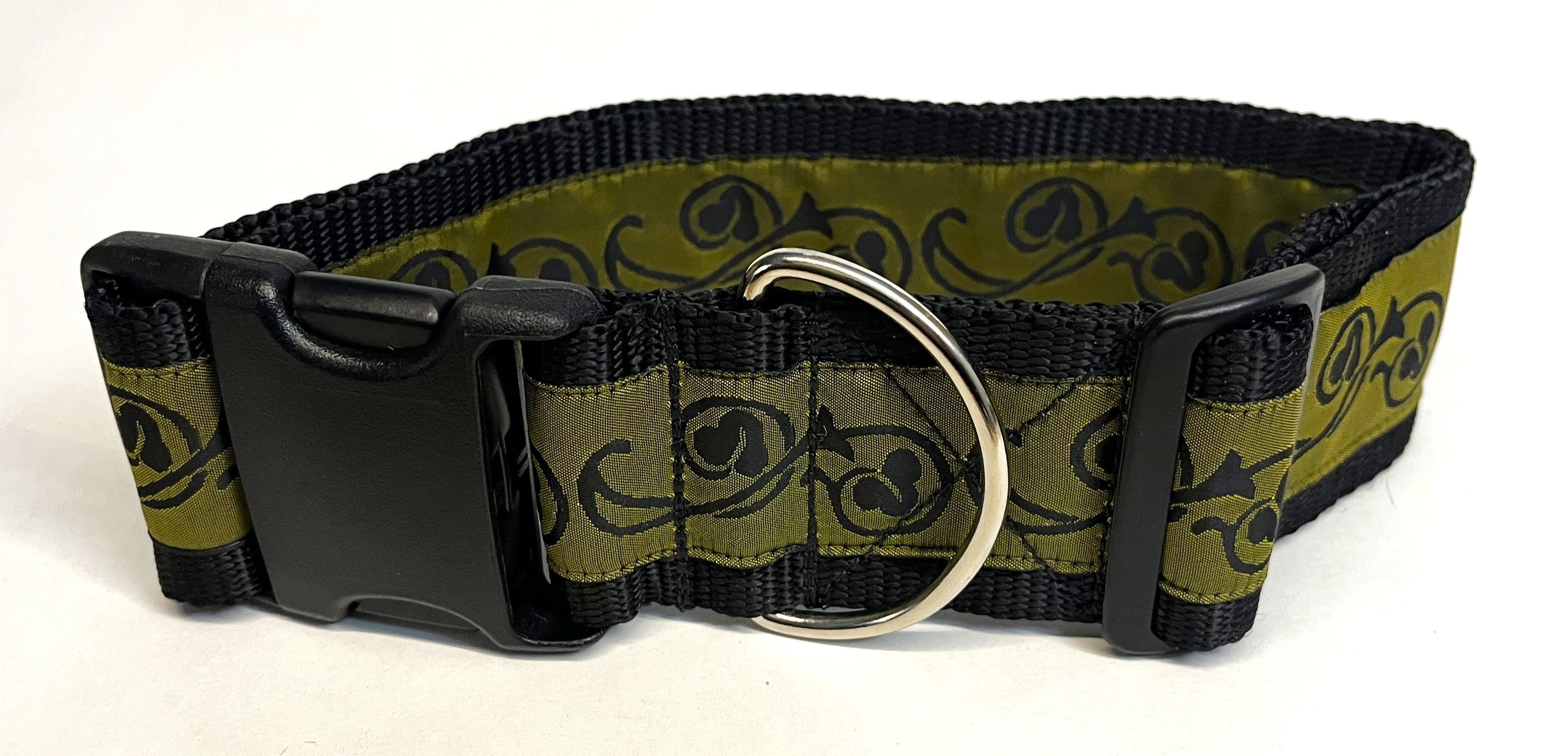 Olive with Black Floral Flourish Dog Collar 2in