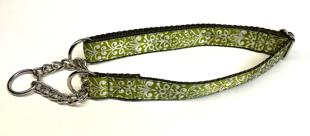Olive with White Leaf Pattern Chain Martingale Collar 1in
