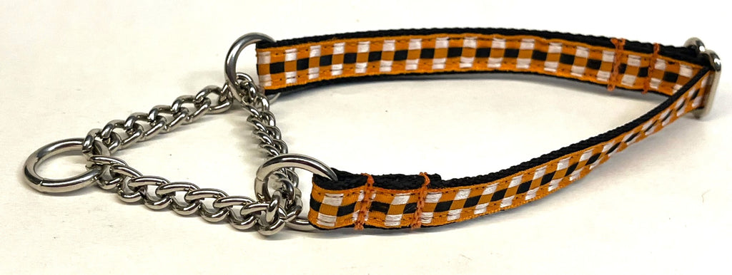 Orange, Black, and White Plaid Chain Martingale Collar 1/2