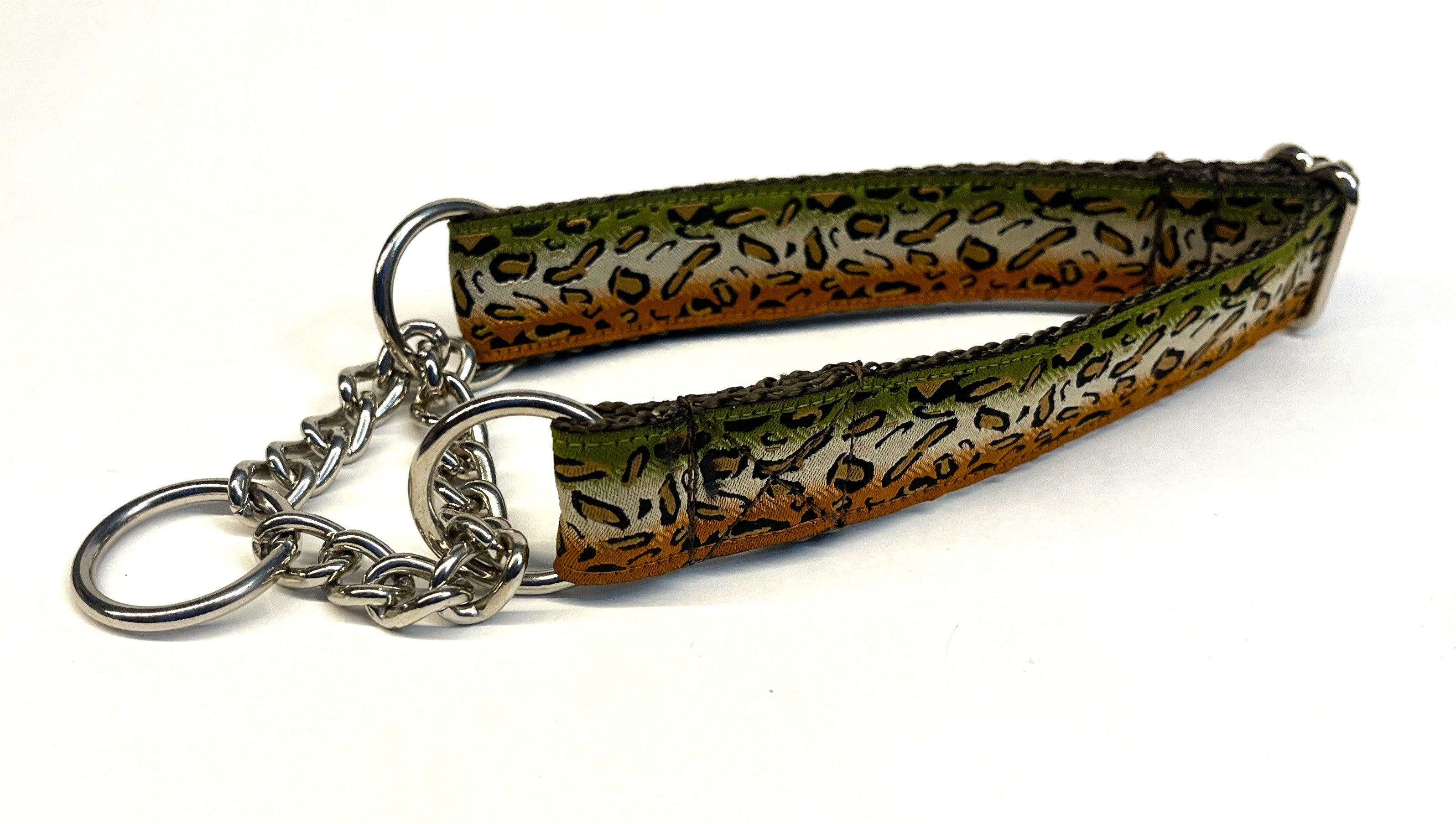 Orange, Olive Green and Tan Leopard Print Chain Martingale Collar 1in