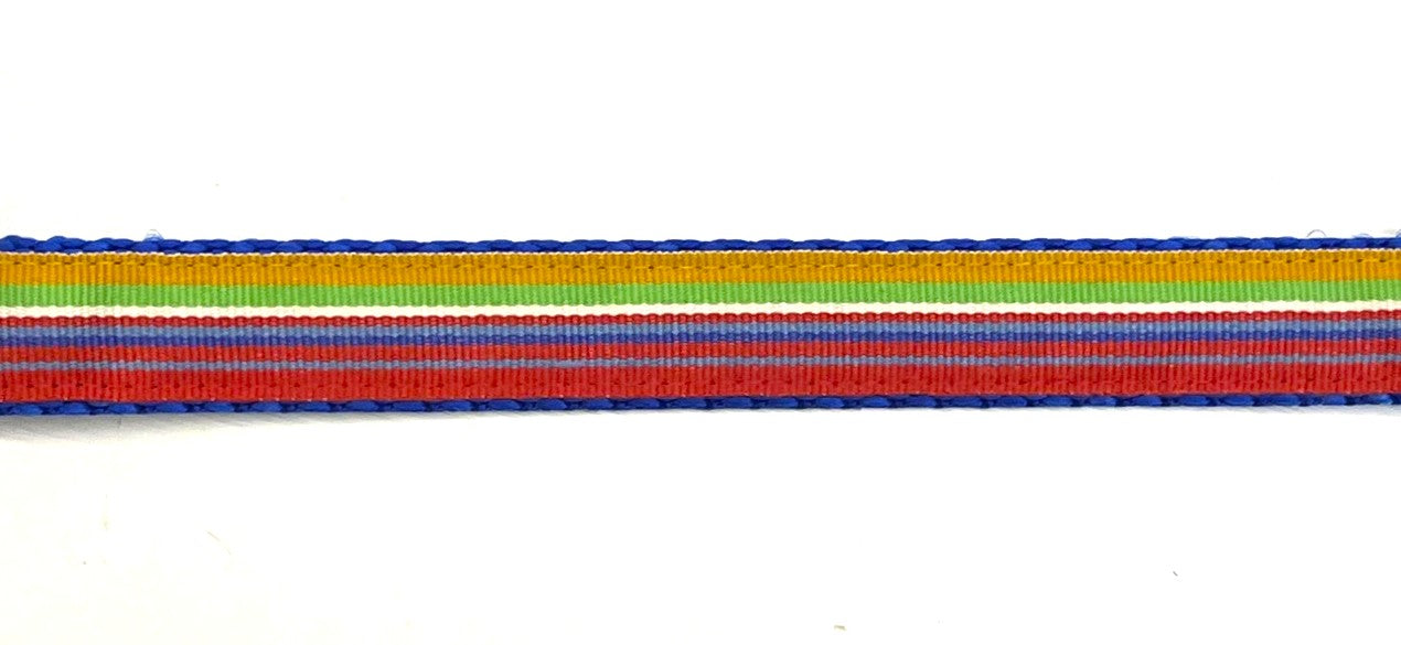 Orange Green White Red and Blue Stripe Dog Collar 3/4 inch on blue webbing