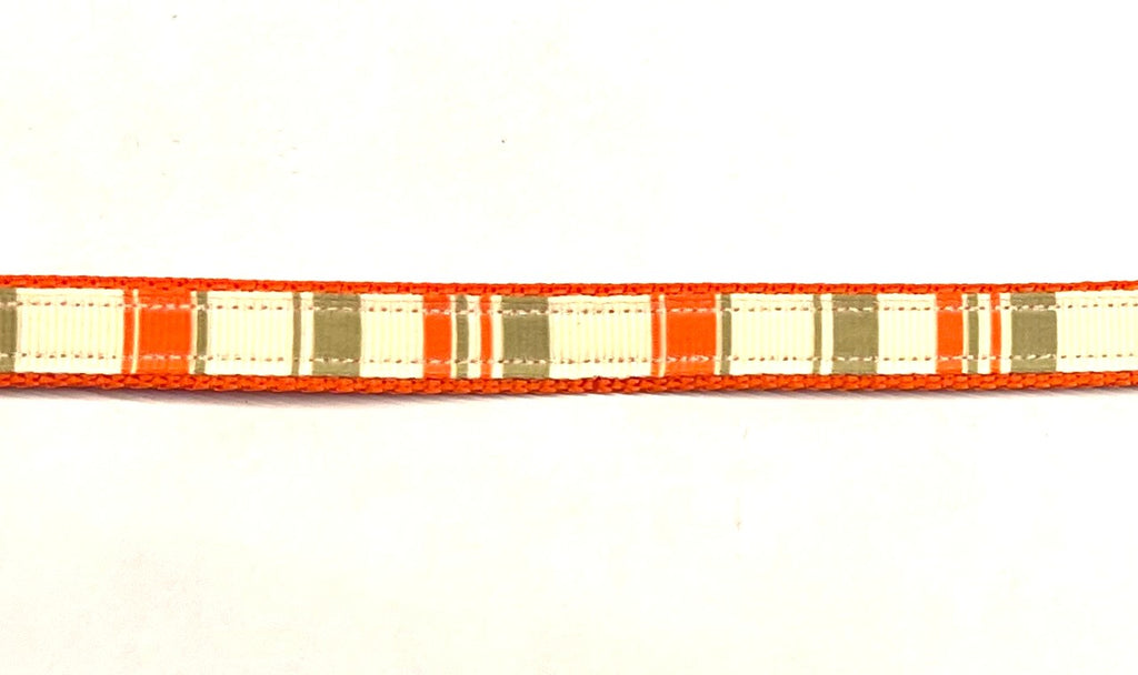 Orange ivory and olive plaid dog collar 1/2 inch on orange webbing