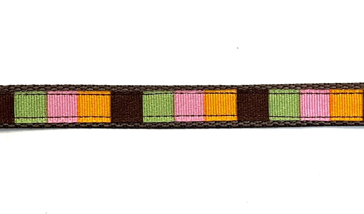 Orange, pink, green, and brown squares ribbon on brown webbing dog collar