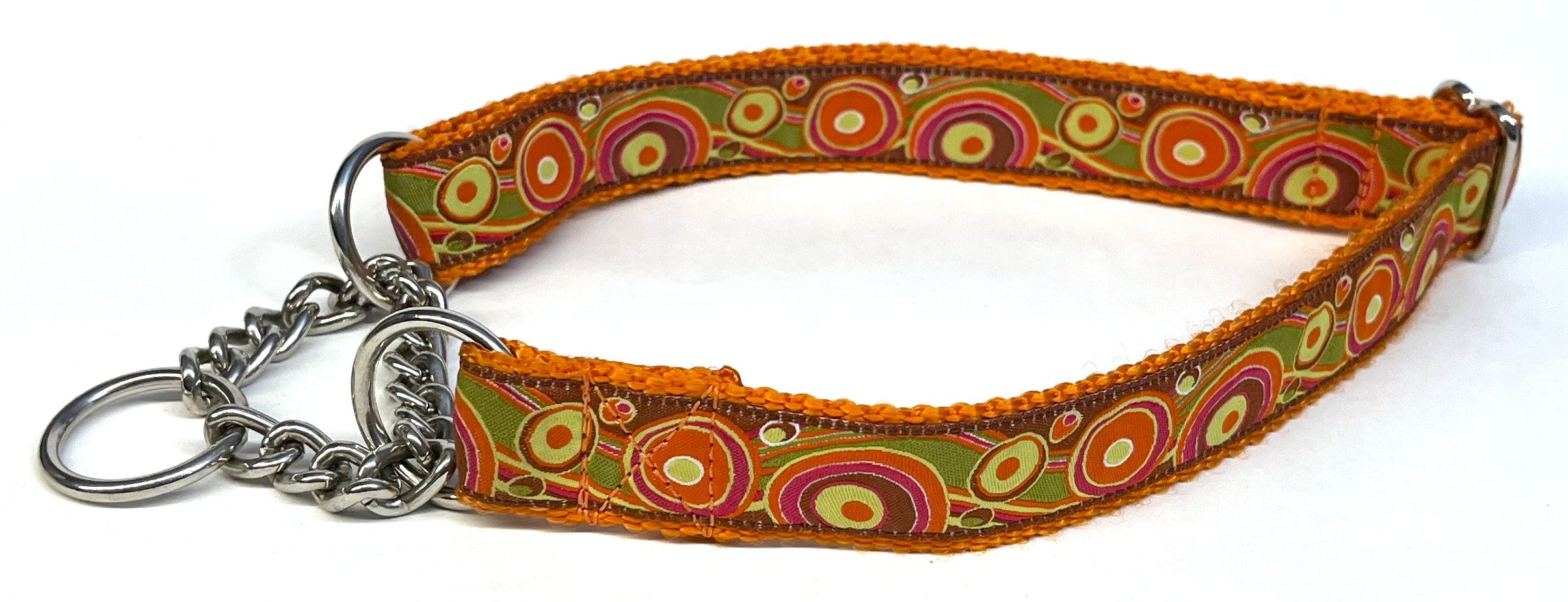 Orange, Pink, Yellow, and Green Swoosh and Dots Chain Martingale Collar 1in