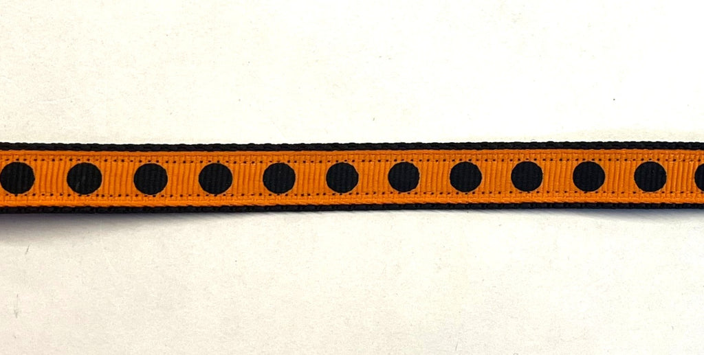Orange ribbon with black dots on black webbing dog collar