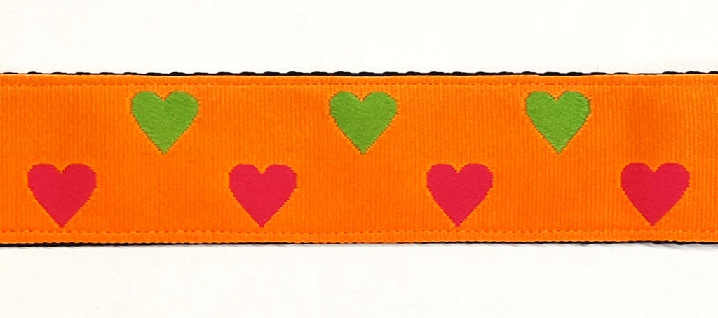 Orange with pink and green hearts dog collar 1 1/2 in