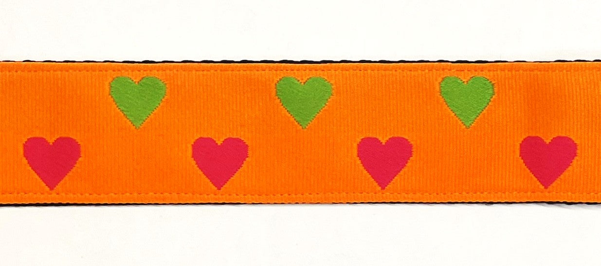 Orange with pink and green hearts dog collar 1 1/2 in