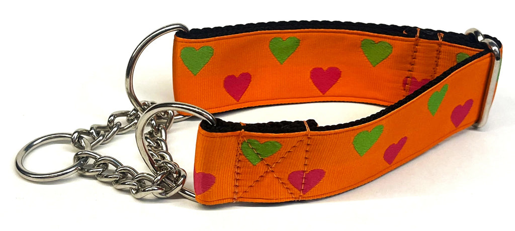 Orange with Pink and Green Hearts Chain Martingale Collar 1 1/2 in