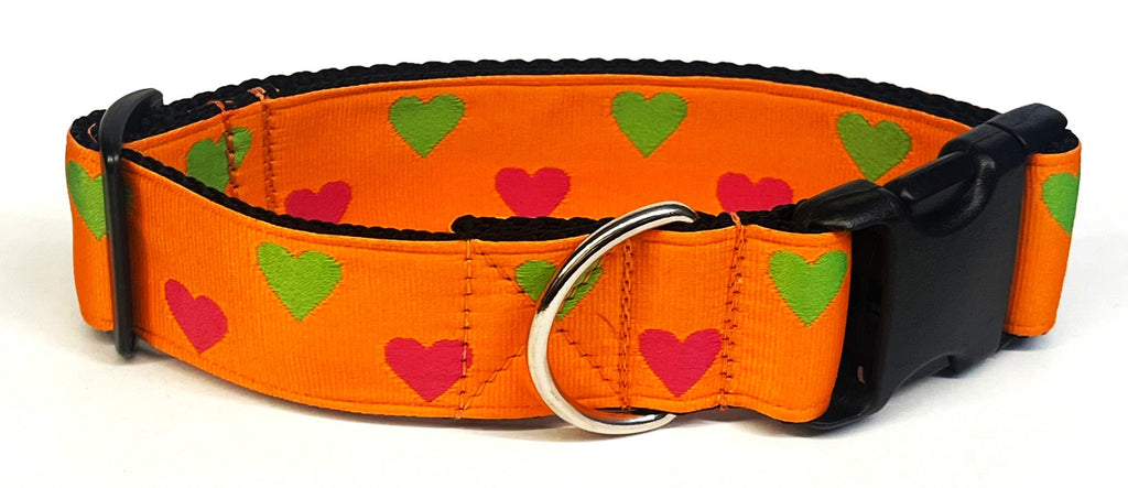 Orange with Pink and Green Hearts Dog Collar 1 1/2 in