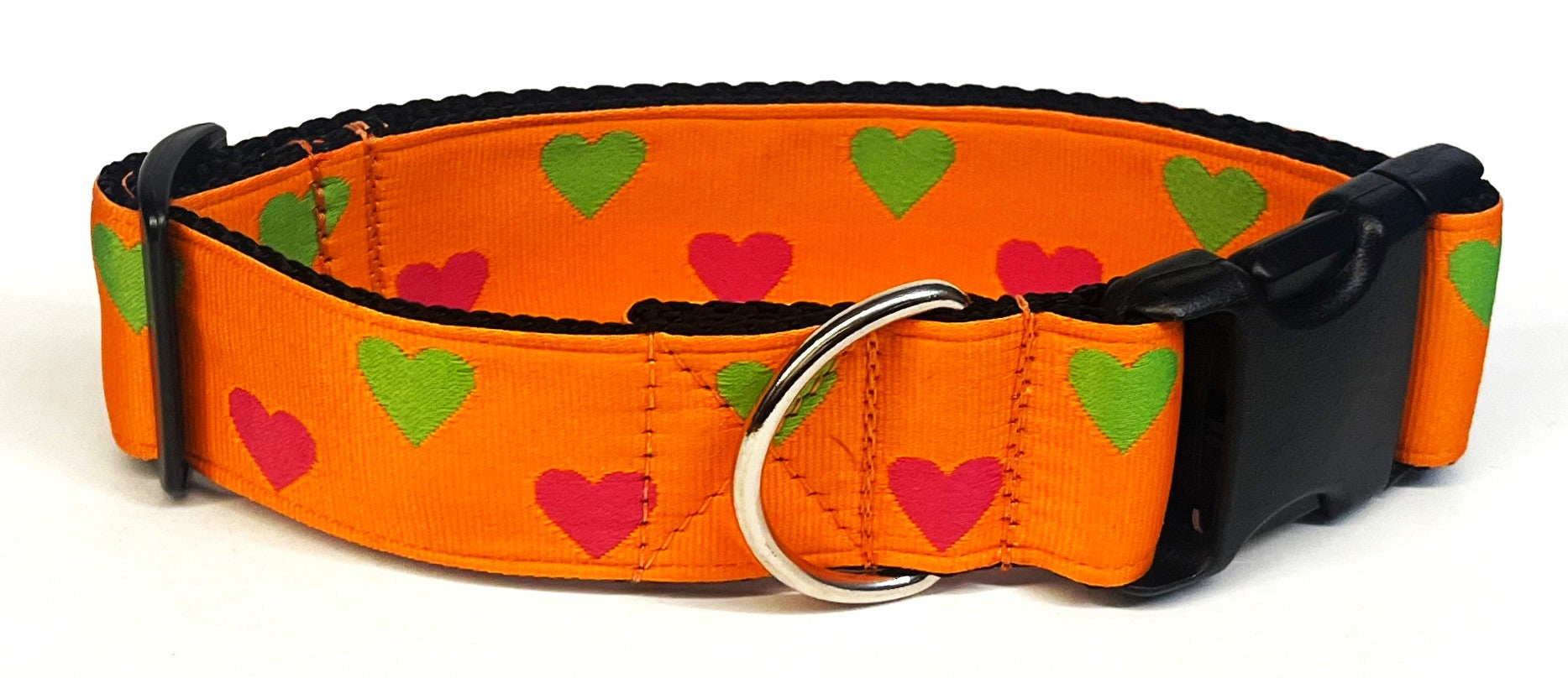 Orange with Pink and Green Hearts Dog Collar 1 1/2 in