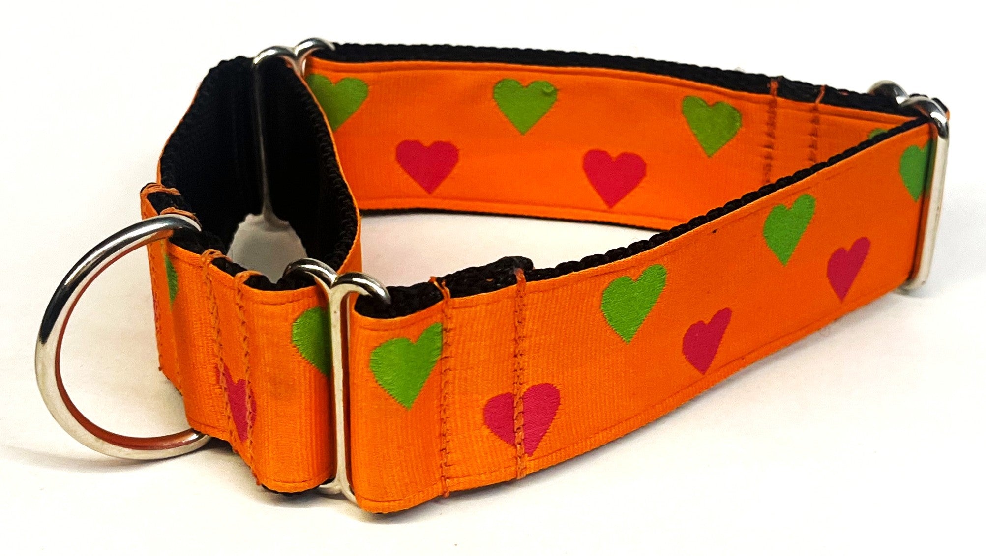 Orange with Pink and Green Hearts Martingale Collar 1 1/2 in