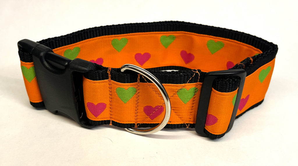 Orange with Pink and Green Hearts Dog Collar 2in