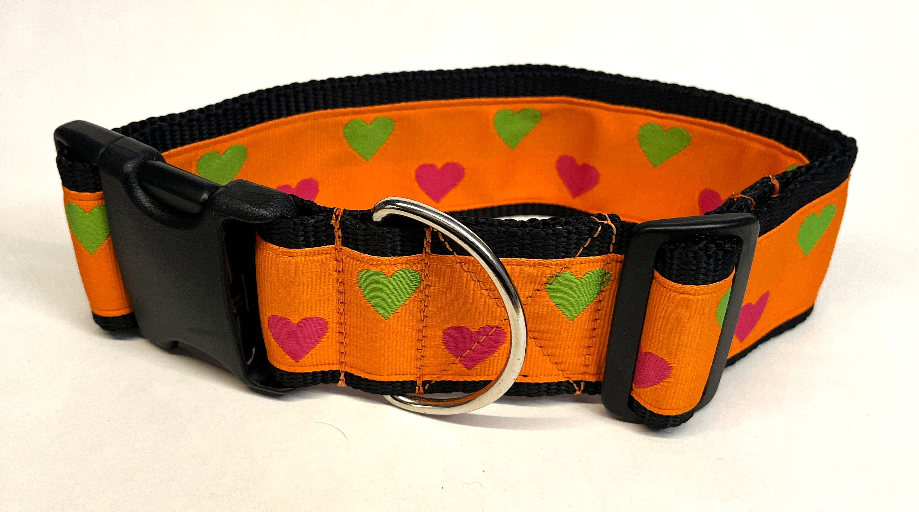 Orange with Pink and Green Hearts Dog Collar 2in
