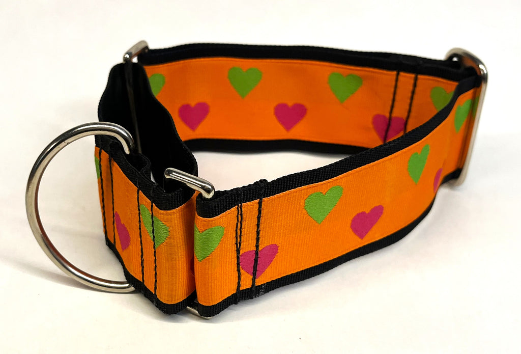 Orange with Pink and Green Hearts Martingale Collar 2in