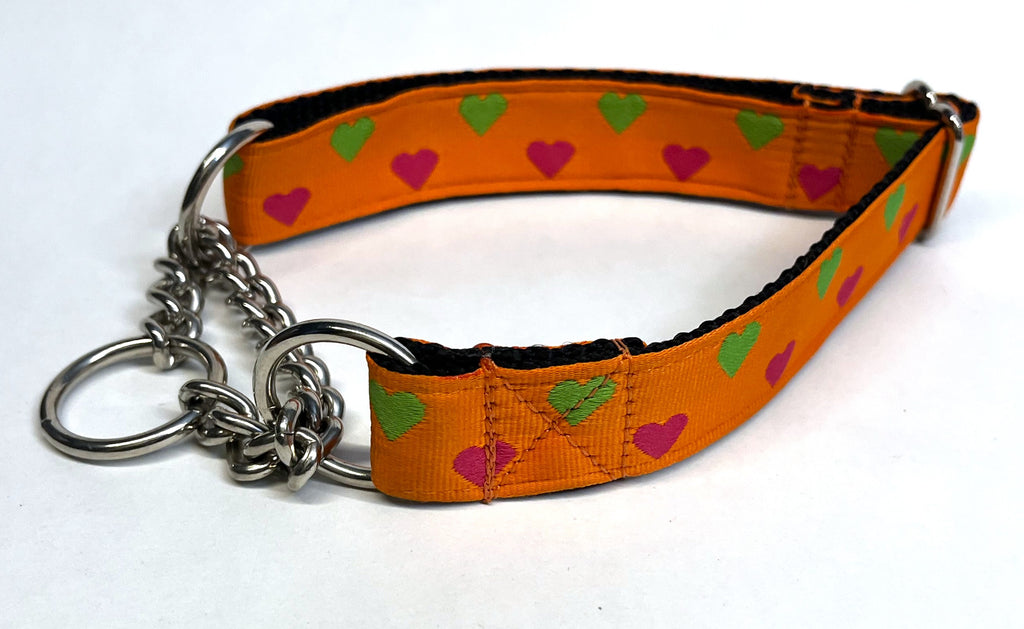 Orange with Pink and Green Hearts Chain Martingale Collar 1in