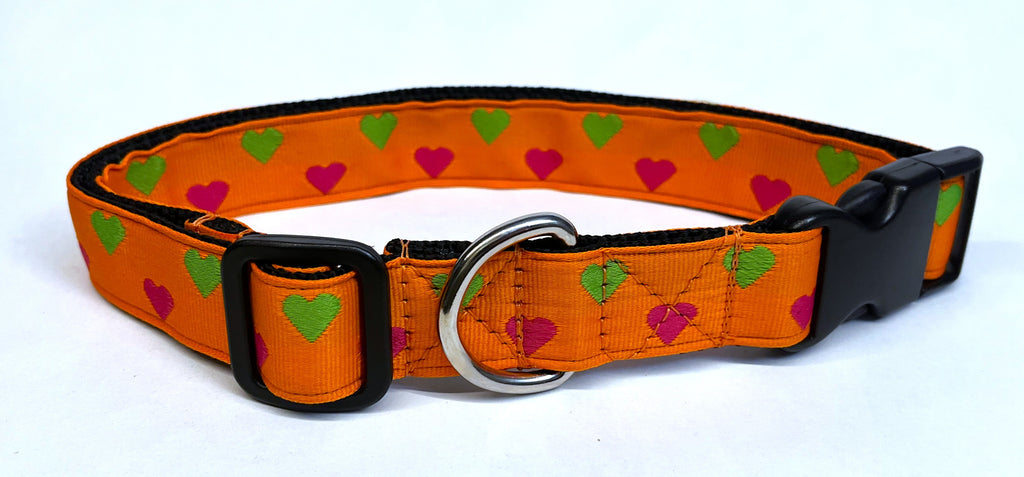 Orange with Pink and Green Hearts Dog Collar 1in