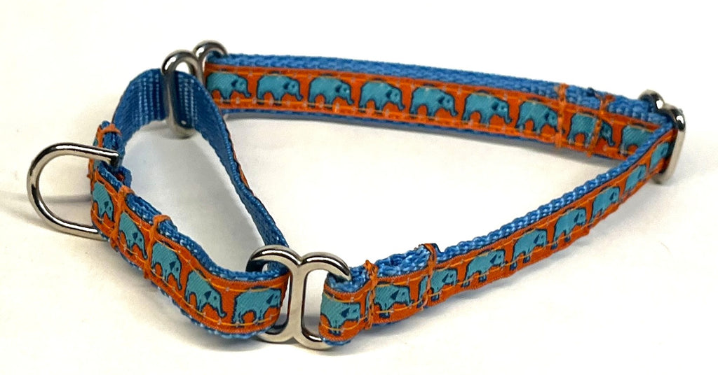 Orange with Turquoise Elephants Martingale Collar 1/2