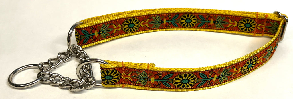 Orange with Yellow Flower Design Chain Martingale Collar 1in